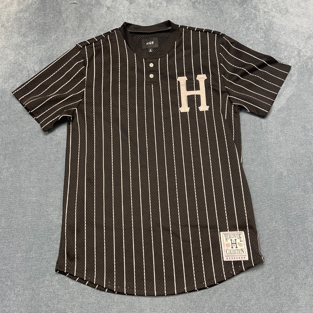 Huf Worldwide Collection Jersey Mens Small Black White Striped Mesh Round Hem